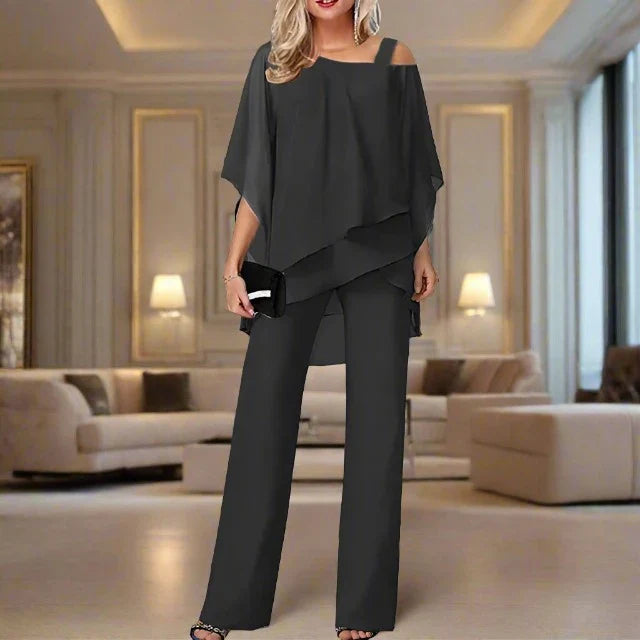 Beatrice Schwarz Asymmetrisches Chiffon Cape-Top Palazzo-Hosen Set für Damen | Elegant Fliessend | Abend und Büro - S/M/L/XL/2XL