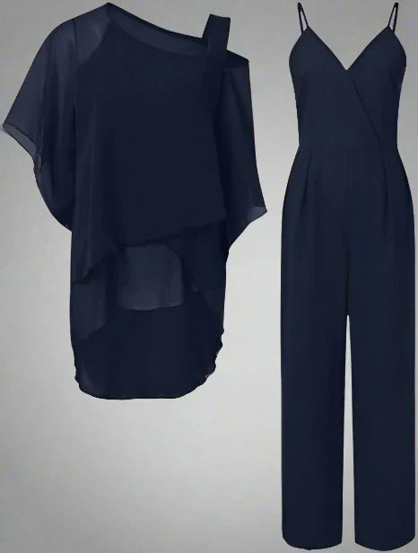 Beatrice Schwarz Asymmetrisches Chiffon Cape-Top Palazzo-Hosen Set für Damen | Elegant Fliessend | Abend und Büro - S/M/L/XL/2XL