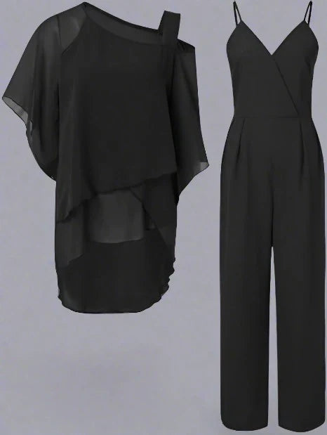 Beatrice Schwarz Asymmetrisches Chiffon Cape-Top Palazzo-Hosen Set für Damen | Elegant Fliessend | Abend und Büro - S/M/L/XL/2XL