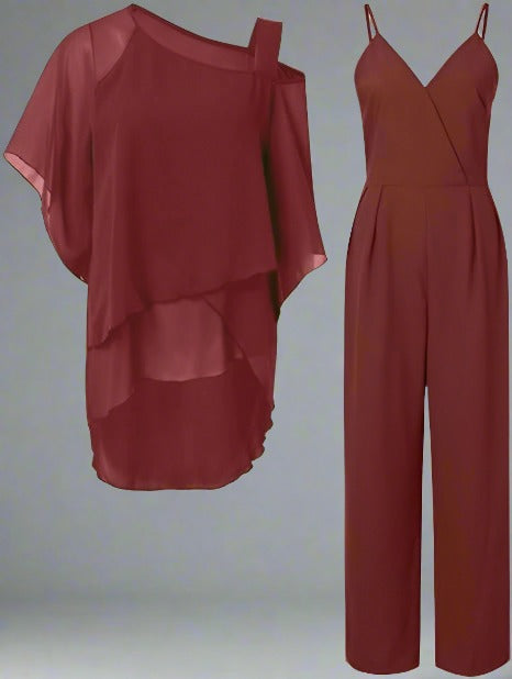 Beatrice Schwarz Asymmetrisches Chiffon Cape-Top Palazzo-Hosen Set für Damen | Elegant Fliessend | Abend und Büro - S/M/L/XL/2XL
