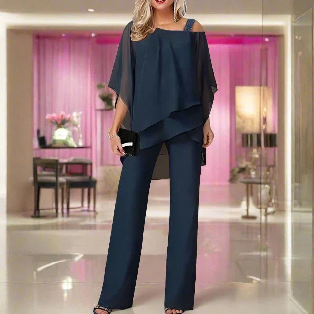 Beatrice Schwarz Asymmetrisches Chiffon Cape-Top Palazzo-Hosen Set für Damen | Elegant Fliessend | Abend und Büro - S/M/L/XL/2XL