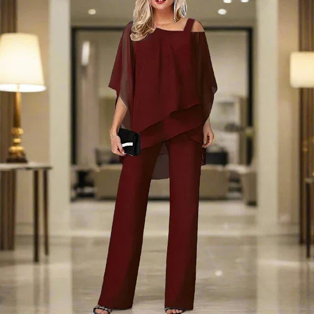 Beatrice Schwarz Asymmetrisches Chiffon Cape-Top Palazzo-Hosen Set für Damen | Elegant Fliessend | Abend und Büro - S/M/L/XL/2XL