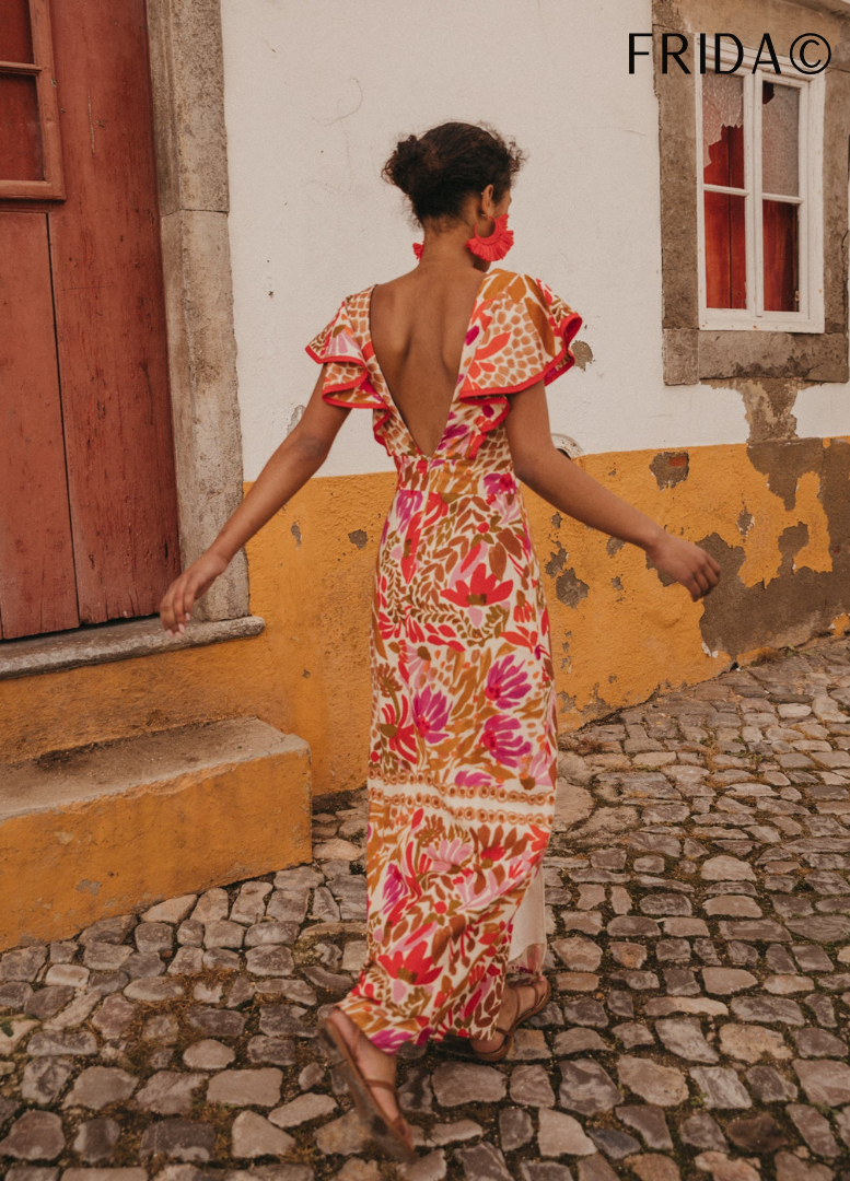 Rosemarie Mehrfarbig Florales Rüschen-Maxikleid für Damen | Leichtes Sommerkleid | Offener Rücken - S/M/L/XL
