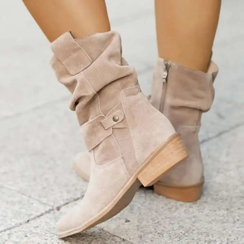 Vreni Schwarz Slouchy Stiefel Veloursleder-Optik für Damen | Schnalle Blockabsatz Boho Casual - EU 34-45
