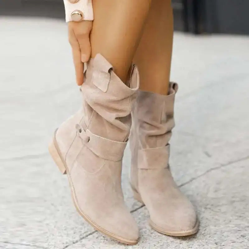 Vreni Schwarz Slouchy Stiefel Veloursleder-Optik für Damen | Schnalle Blockabsatz Boho Casual - EU 34-45