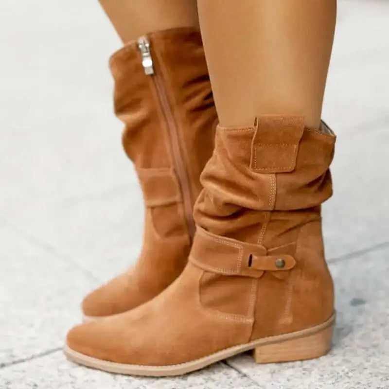 Vreni Schwarz Slouchy Stiefel Veloursleder-Optik für Damen | Schnalle Blockabsatz Boho Casual - EU 34-45