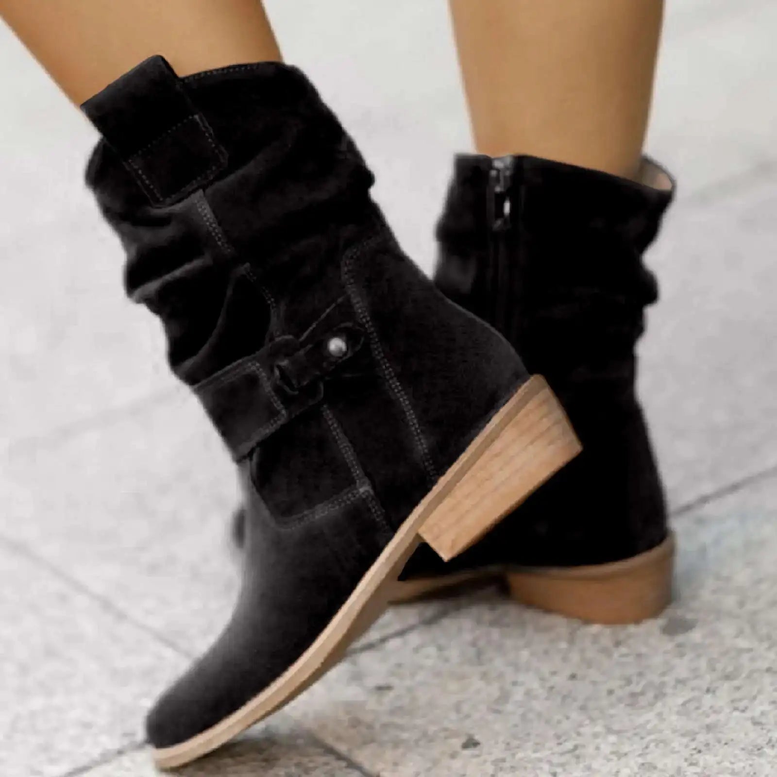 Vreni Schwarz Slouchy Stiefel Veloursleder-Optik für Damen | Schnalle Blockabsatz Boho Casual - EU 34-45