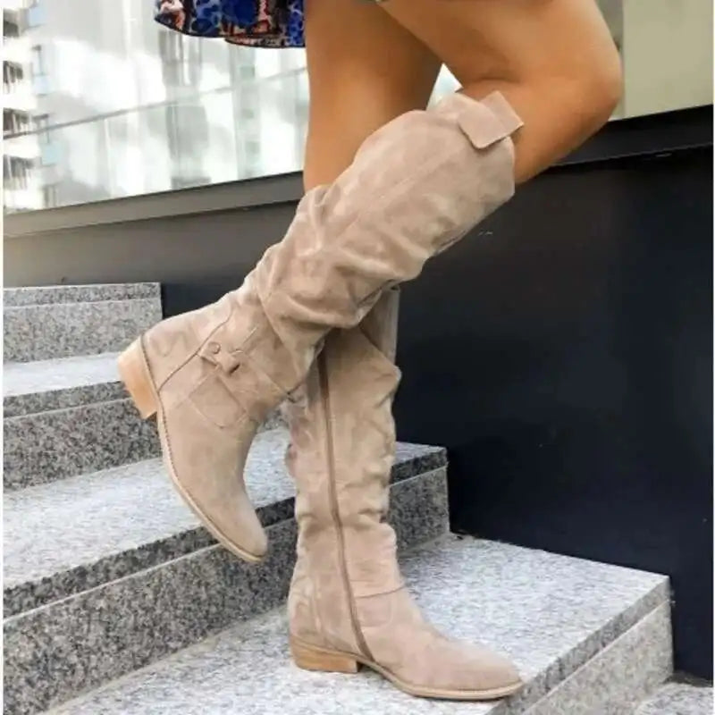 Vreni Schwarz Slouchy Stiefel Veloursleder-Optik für Damen | Schnalle Blockabsatz Boho Casual - EU 34-45