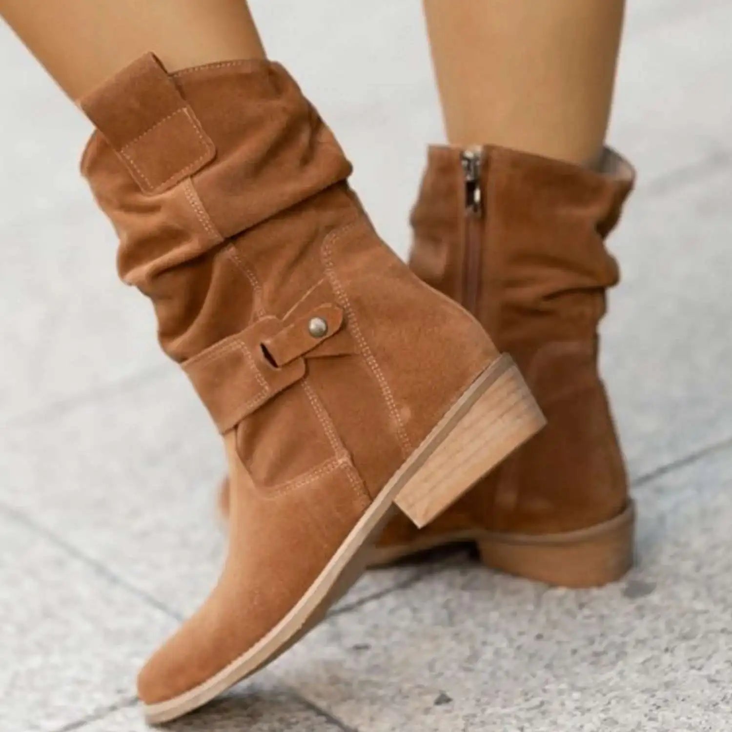 Vreni Schwarz Slouchy Stiefel Veloursleder-Optik für Damen | Schnalle Blockabsatz Boho Casual - EU 34-45