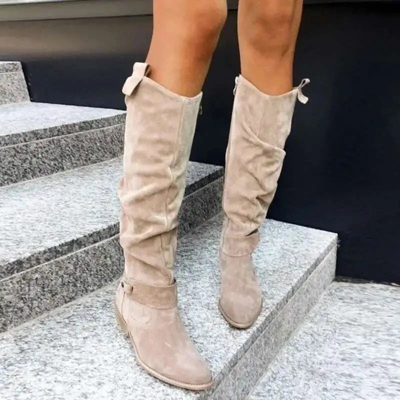 Vreni Schwarz Slouchy Stiefel Veloursleder-Optik für Damen | Schnalle Blockabsatz Boho Casual - EU 34-45