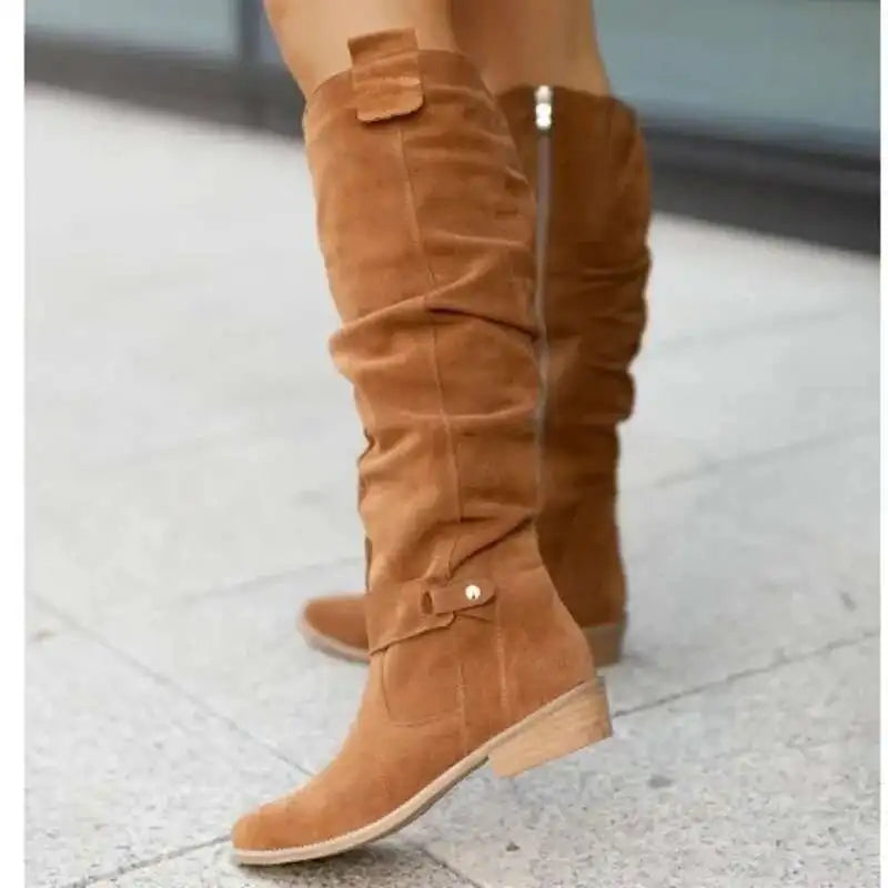 Vreni Schwarz Slouchy Stiefel Veloursleder-Optik für Damen | Schnalle Blockabsatz Boho Casual - EU 34-45