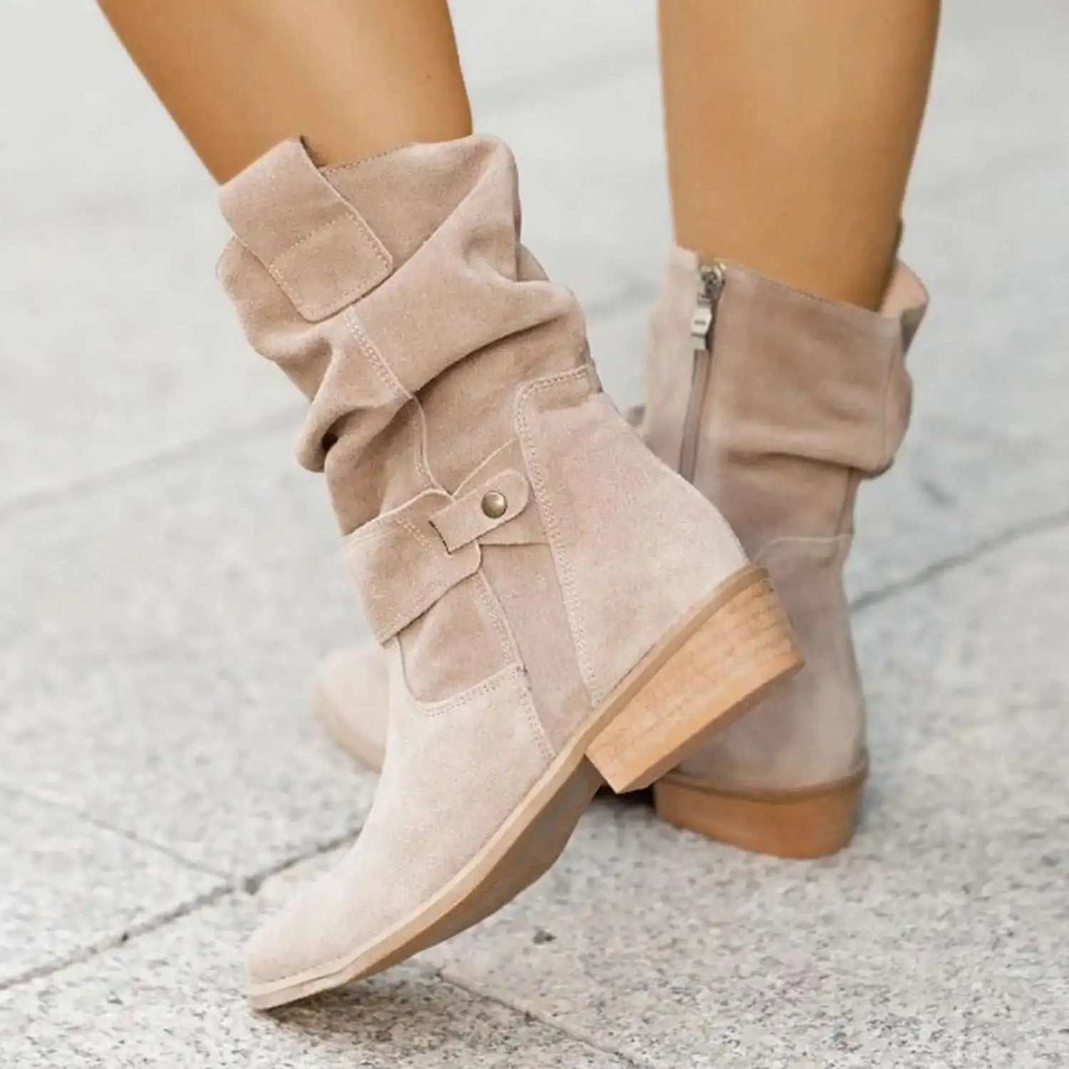 Vreni Schwarz Slouchy Stiefel Veloursleder-Optik für Damen | Schnalle Blockabsatz Boho Casual - EU 34-45