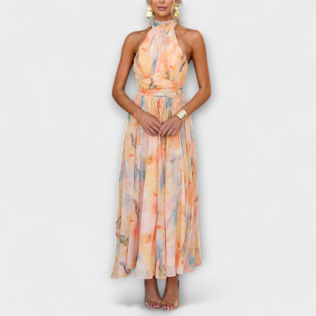 Aqua Damen Maxi Kleid | Fließende Silhouette, Aquarellmuster 0