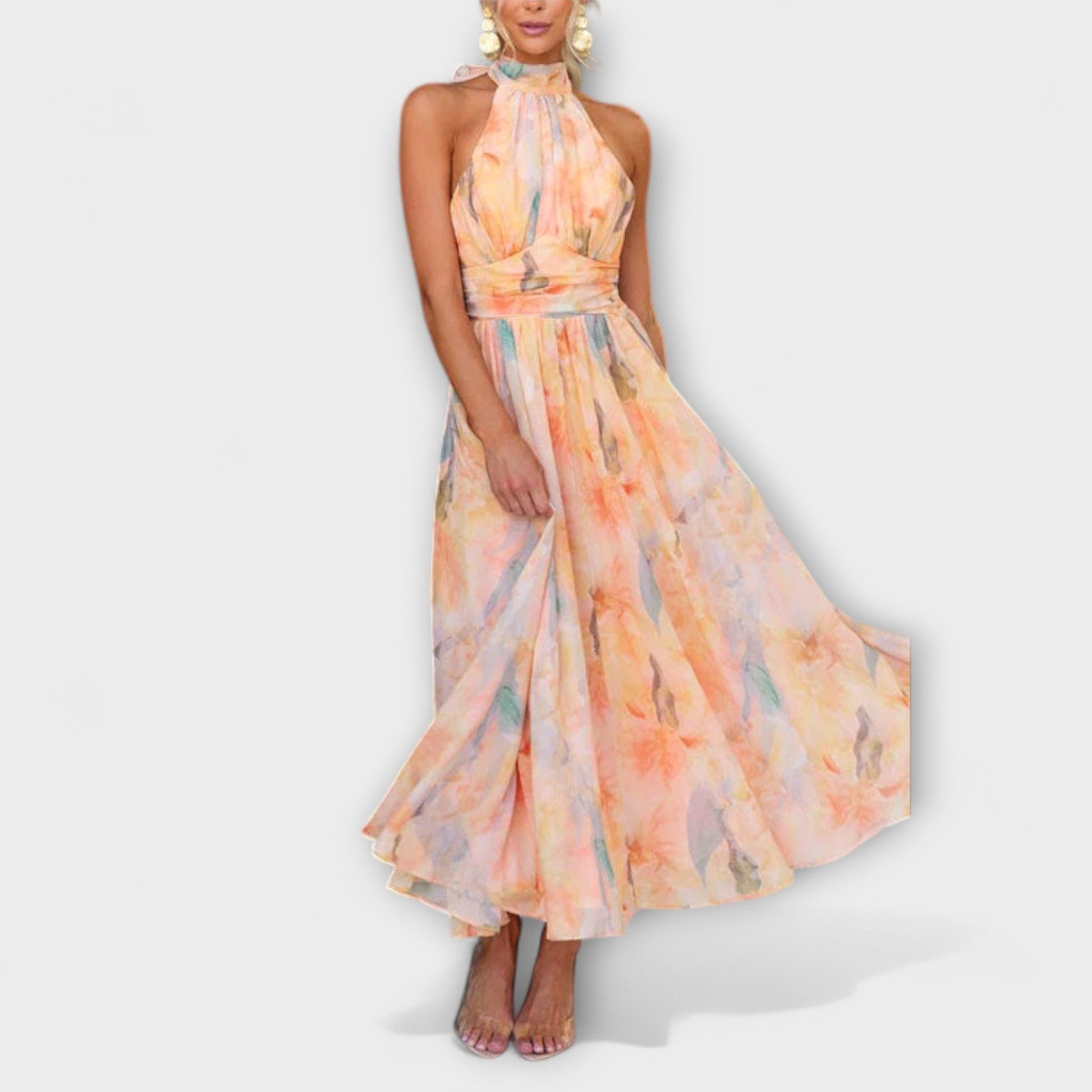 Aqua Damen Maxi Kleid | Fließende Silhouette, Aquarellmuster 2