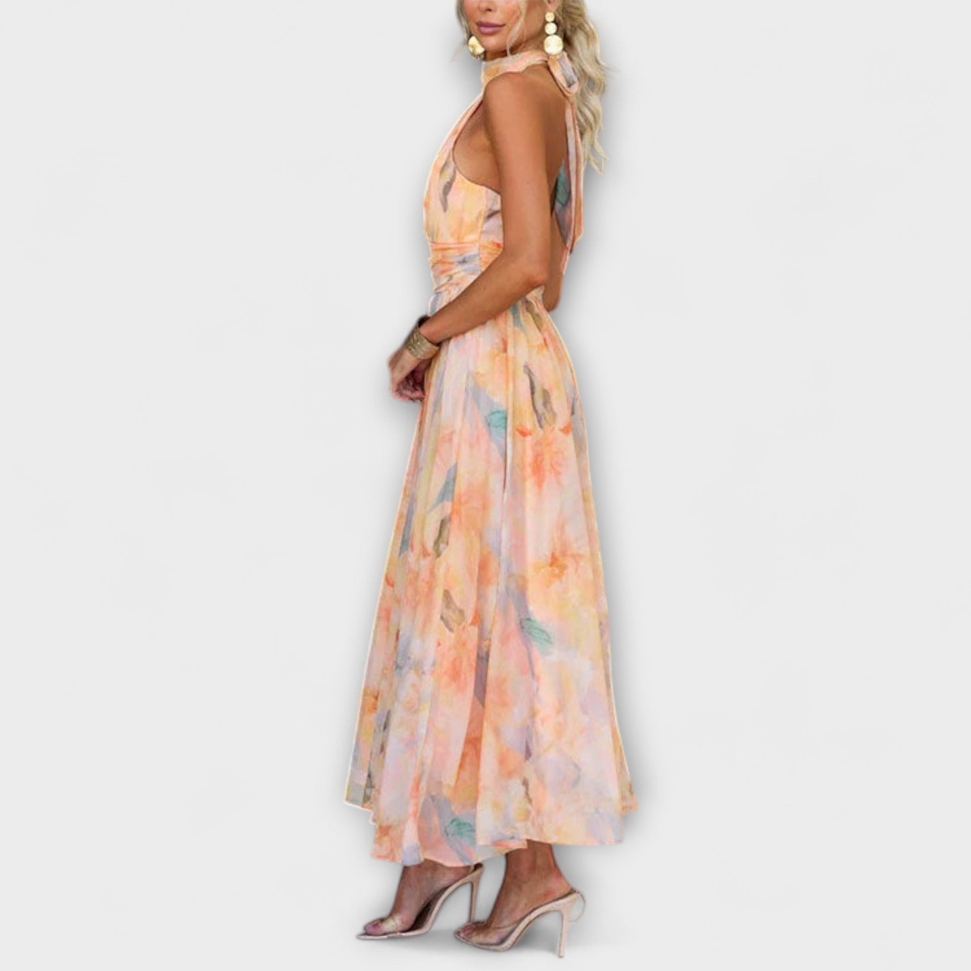 Aqua Damen Maxi Kleid | Fließende Silhouette, Aquarellmuster 3