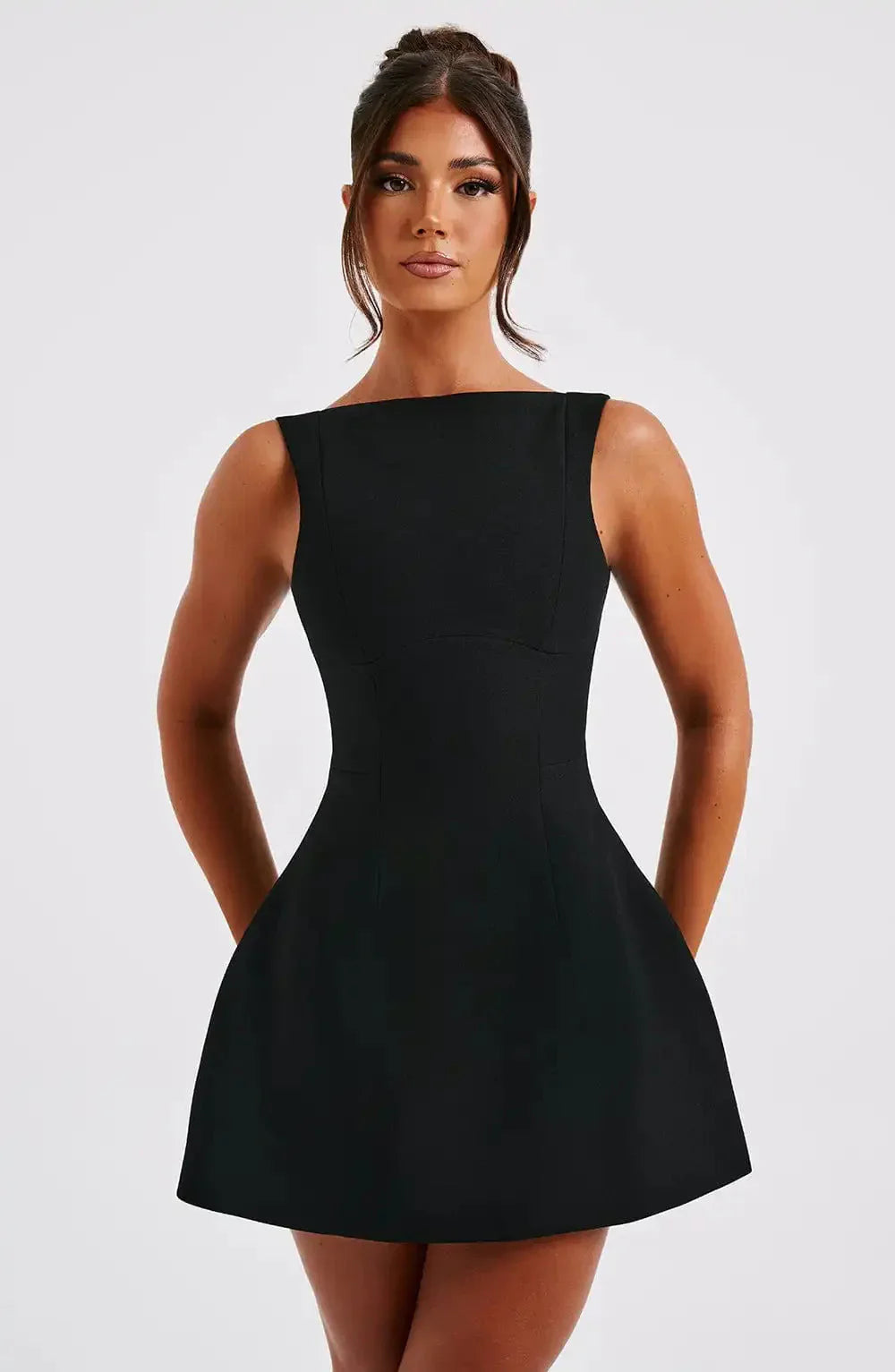 Ava Damen Kleid | A-Linien Mini mit Boot-Neck, Schwarz 0
