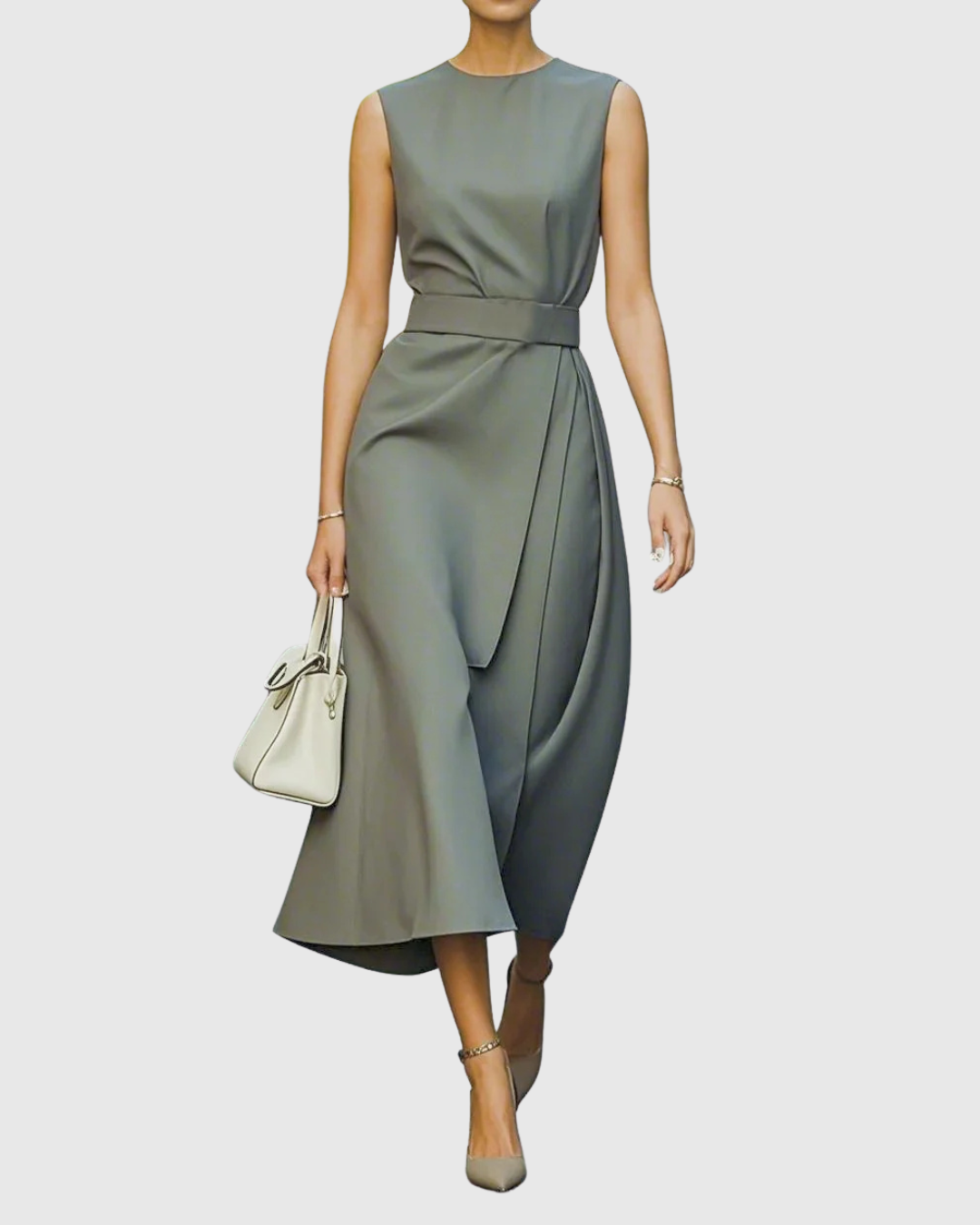 Ava Damen Midi Kleid | Taillendrapierung, Ärmellos 4