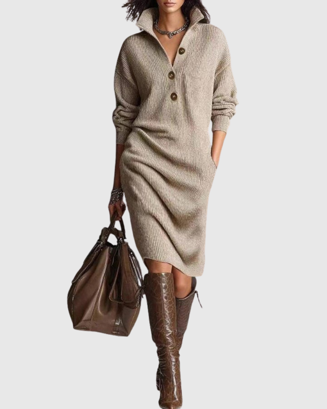 Ava Damen Midi Kleid | Weicher Rippstrick, Rollkragen 0