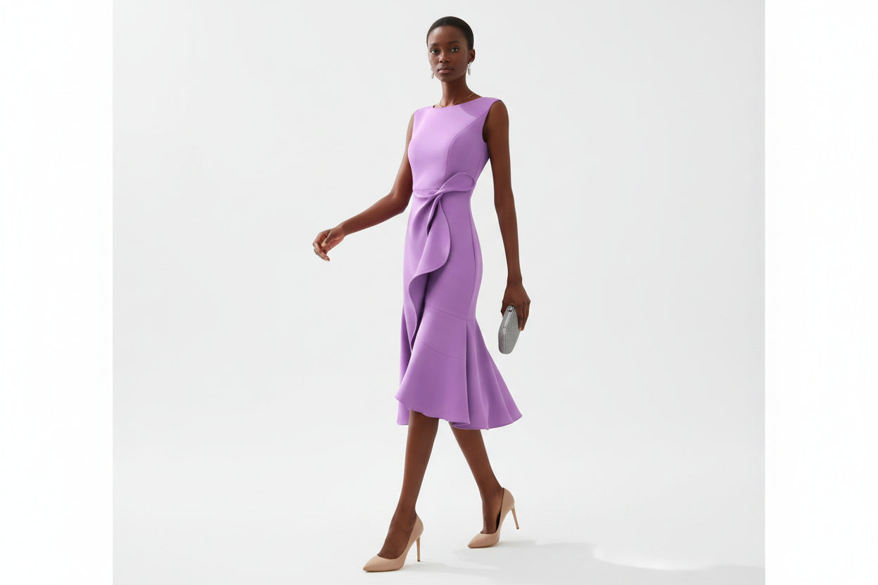 Ayla Damen Midikleid | Asymmetrisches Taillendetail, Ausgestellter Saum 3