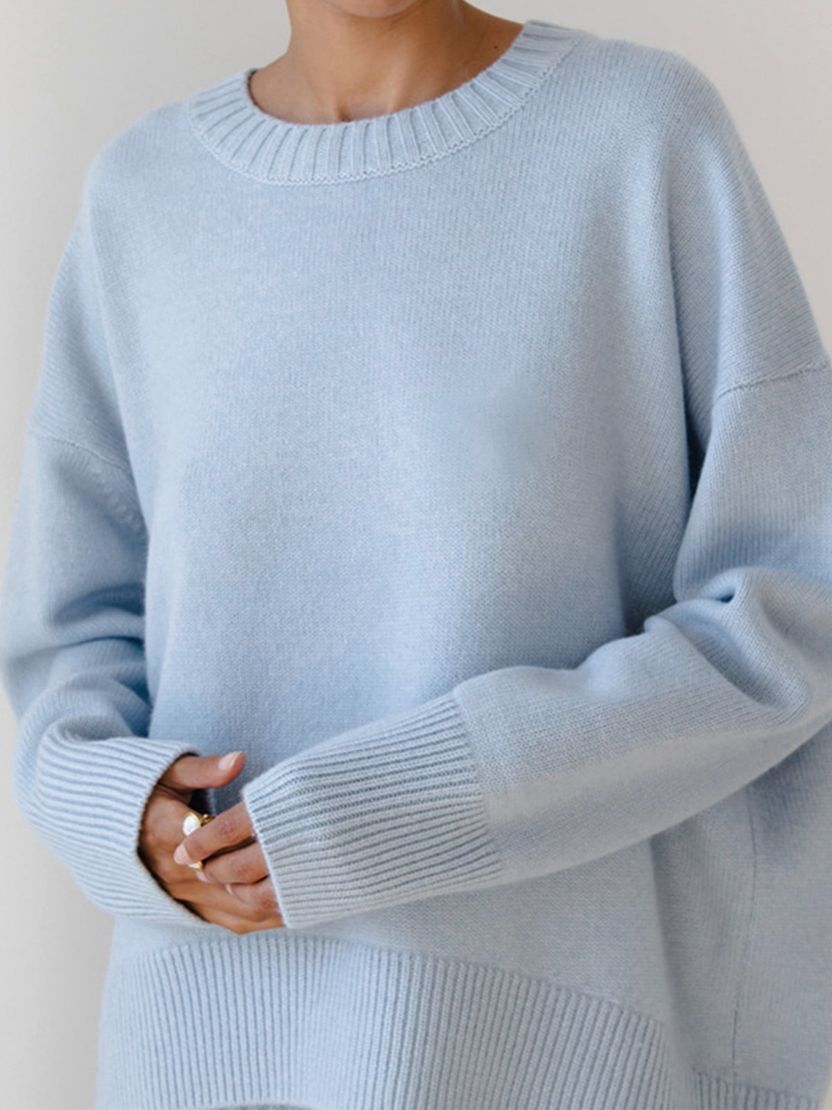 Vreni Hellblau Oversized Rundhals Strickpullover für Damen | Casual Everyday Stil - Einheitsgrösse