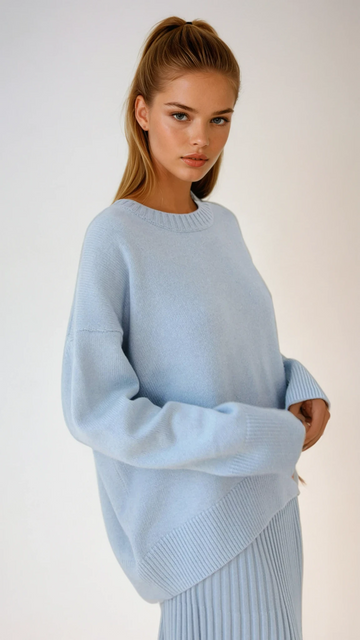 Vreni Hellblau Oversized Rundhals Strickpullover für Damen | Casual Everyday Stil - Einheitsgrösse