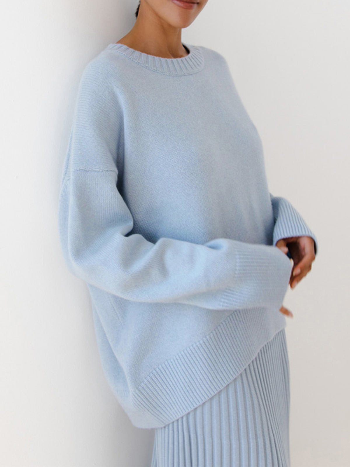 Vreni Hellblau Oversized Rundhals Strickpullover für Damen | Casual Everyday Stil - Einheitsgrösse