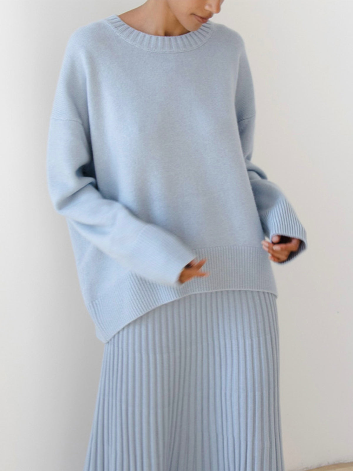 Vreni Hellblau Oversized Rundhals Strickpullover für Damen | Casual Everyday Stil - Einheitsgrösse
