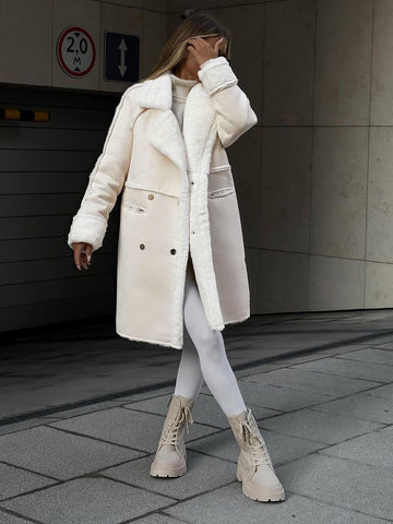 Gunda Grau Langer Kunstfell-Mantel mit Veloursleder-Optik für Damen | Warm Oversized Winter - XS/S/M/L/XL