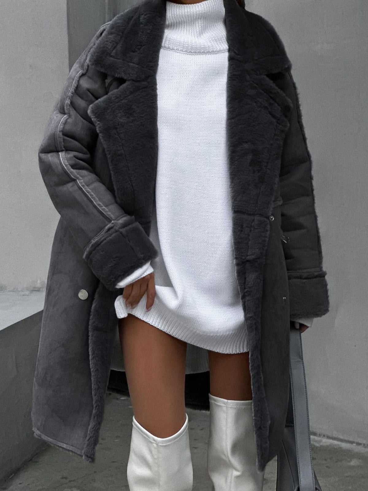 Leni Grau Oversized Longline Kunstfell-Mantel für Damen | Shearling-Optik Winter Stil - XS/S/M/L/XL