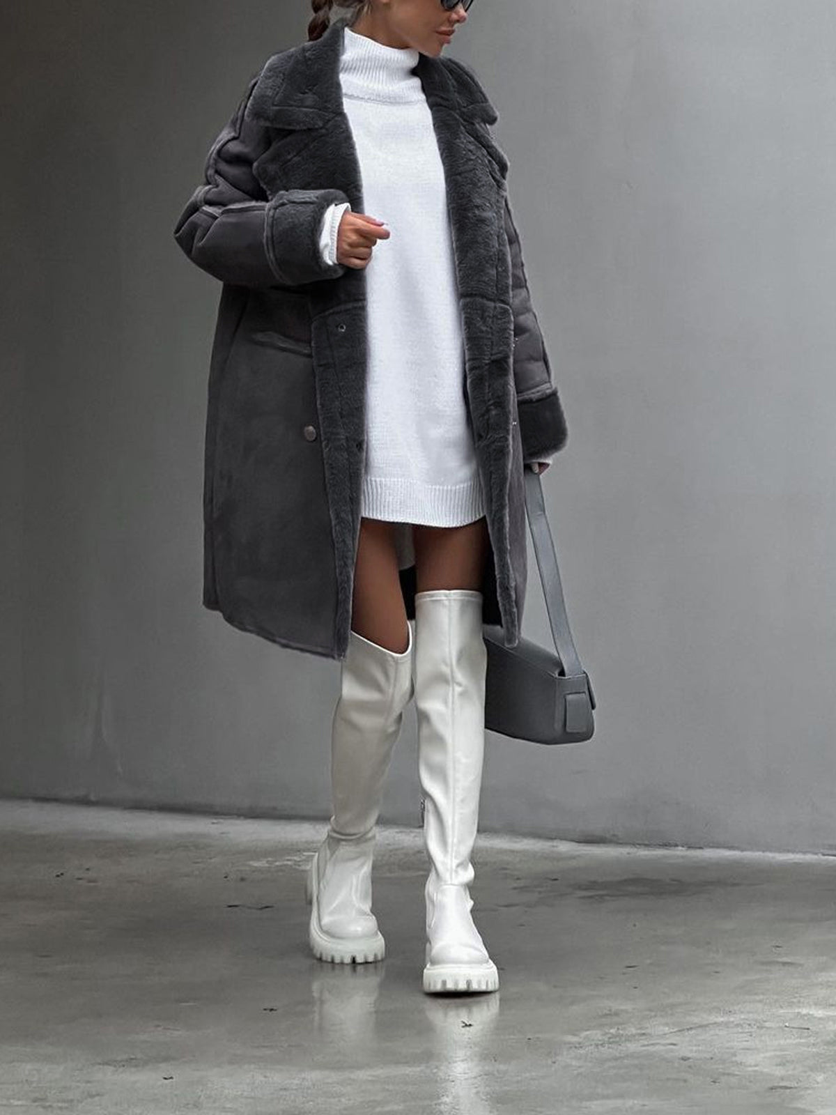 Gunda Grau Langer Kunstfell-Mantel mit Veloursleder-Optik für Damen | Warm Oversized Winter - XS/S/M/L/XL