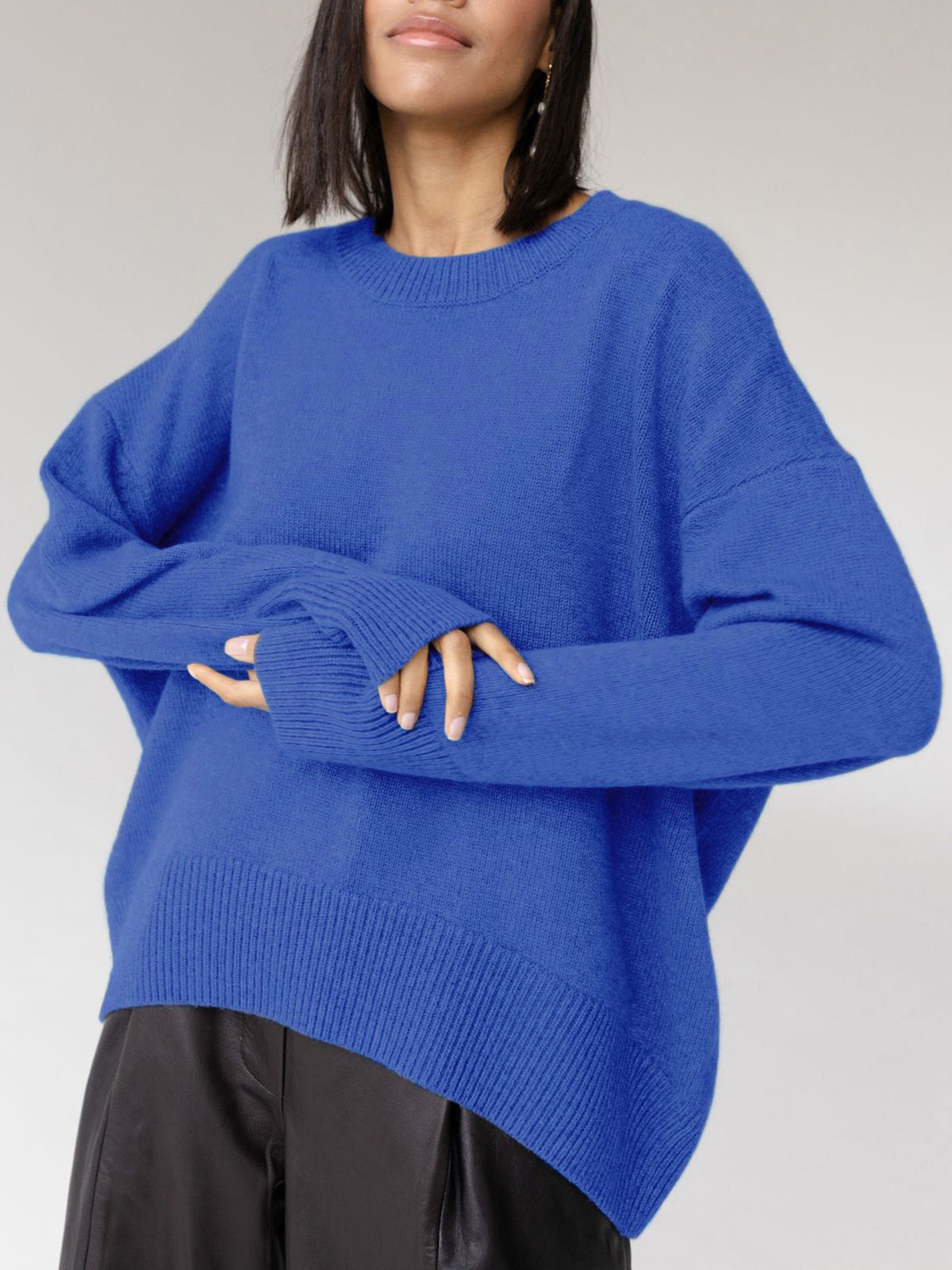 Vreni Hellblau Oversized Rundhals Strickpullover für Damen | Casual Everyday Stil - Einheitsgrösse