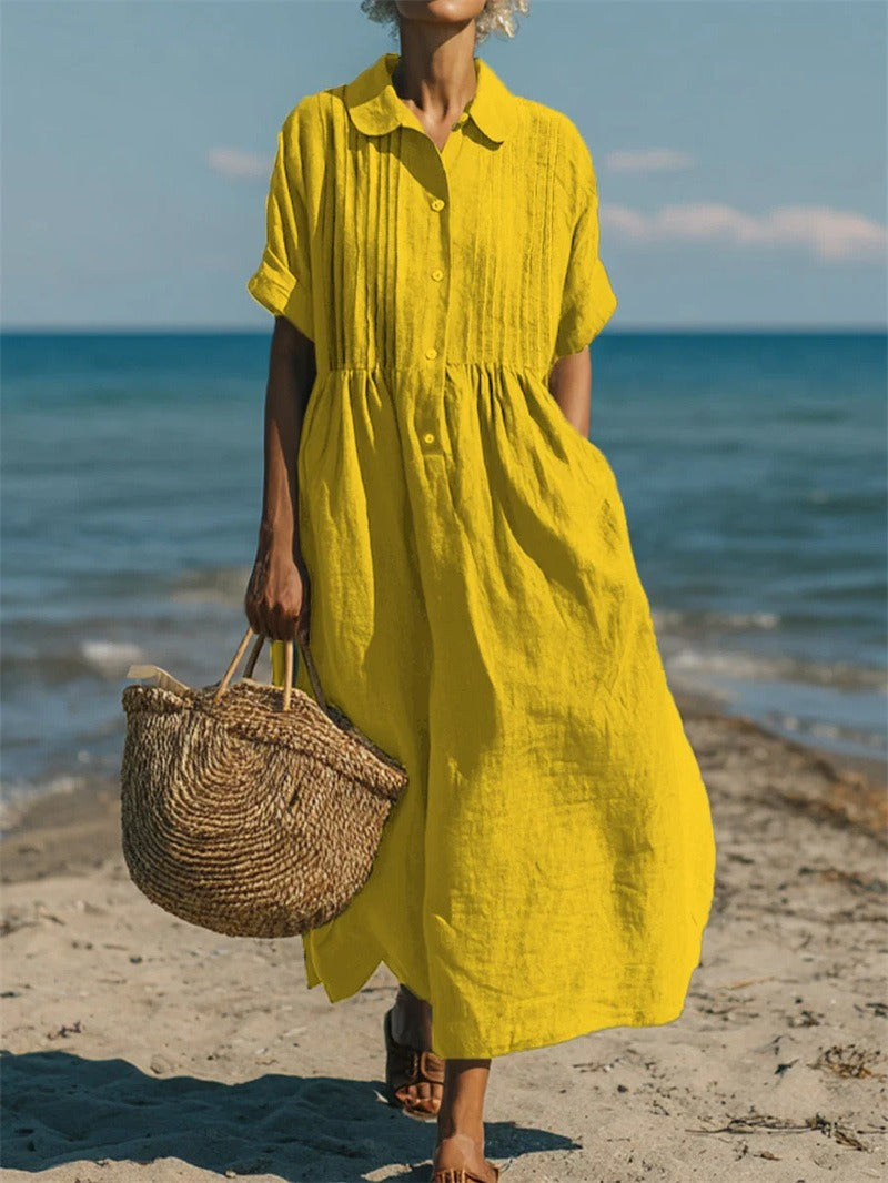 Lotte Weiss Pintuck Kragen Knopf Maxikleid für Damen | Luftig Fliessende Passform | Strand und Alltag - S-2XL