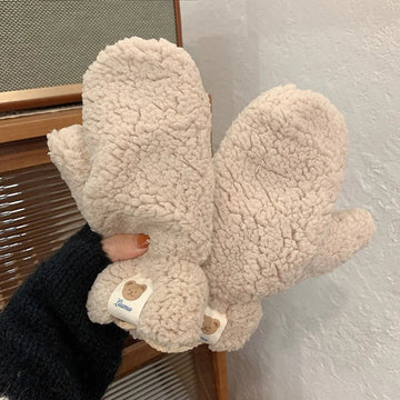 Katharina Khaki Warme Sherpa Fäustlinge für Damen | Winter Casual mit Bärenapplikation - Einheitsgrösse