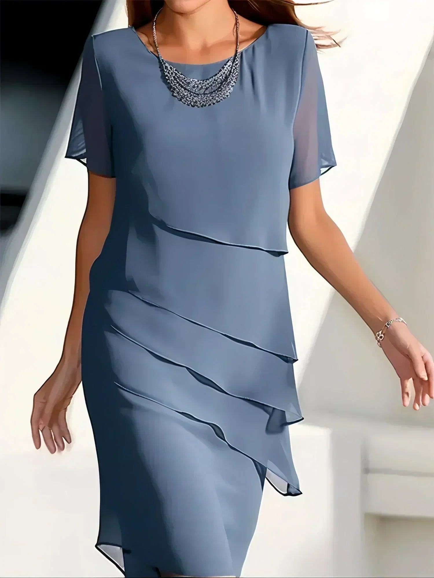 Monika Blau Chiffon Lagen-Kleid für Damen | Elegante Stufen-Silhouette | Hochzeit & Abend | Figurschmeichelnd - S/M/L/XL/2XL/3XL