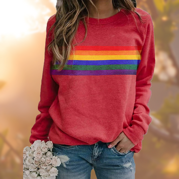 Monika Rot Lockeres Regenbogenstreifen Sweatshirt für Damen | Casual Rundhals Langarm - XS/S/M/L/XL/2XL/3XL