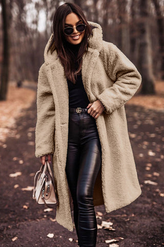 Monika Grün Langer Sherpa Teddy-Mantel mit Kapuze für Damen | Oversized Wintermantel Casual - M/L/XL/2XL/3XL