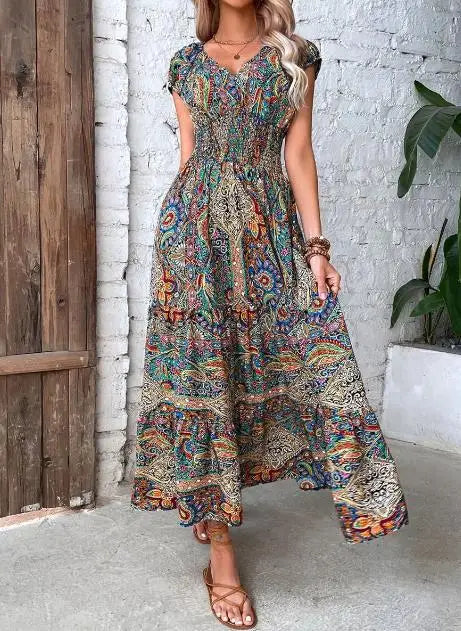 Bela Damen Maxikleid | V-Ausschnitt, Hohe Taille, Kurzarm, Abstraktes Muster 0