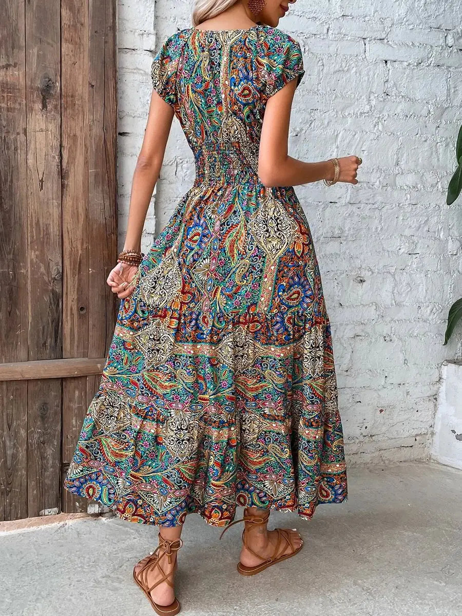 Bela Damen Maxikleid | V-Ausschnitt, Hohe Taille, Kurzarm, Abstraktes Muster 2