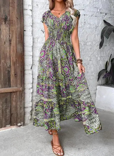 Bela Damen Maxikleid | V-Ausschnitt, Hohe Taille, Kurzarm, Abstraktes Muster 3