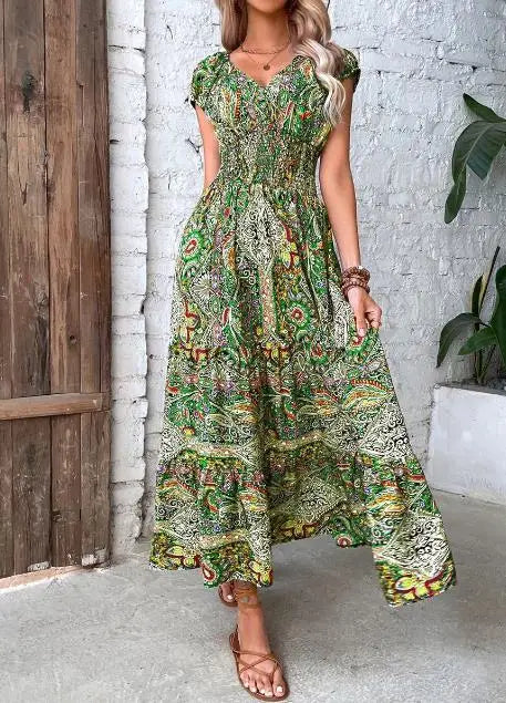 Bela Damen Maxikleid | V-Ausschnitt, Hohe Taille, Kurzarm, Abstraktes Muster 4