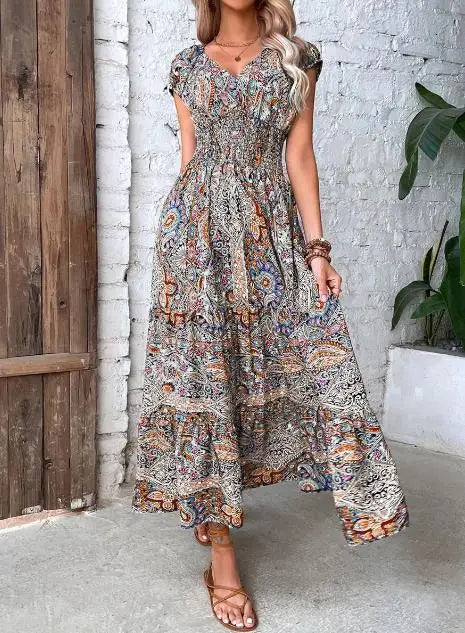 Bela Damen Maxikleid | V-Ausschnitt, Hohe Taille, Kurzarm, Abstraktes Muster 5