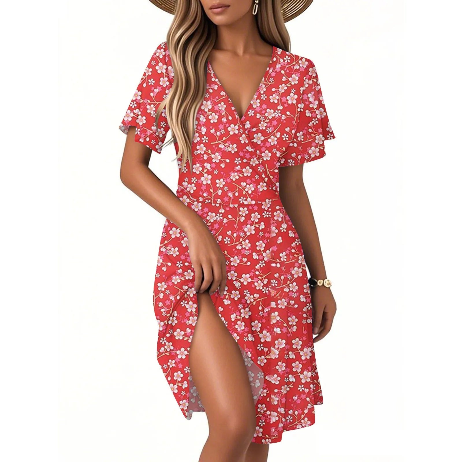 Bella Damen Blumenkleid | Kurzarm, V-Ausschnitt 0