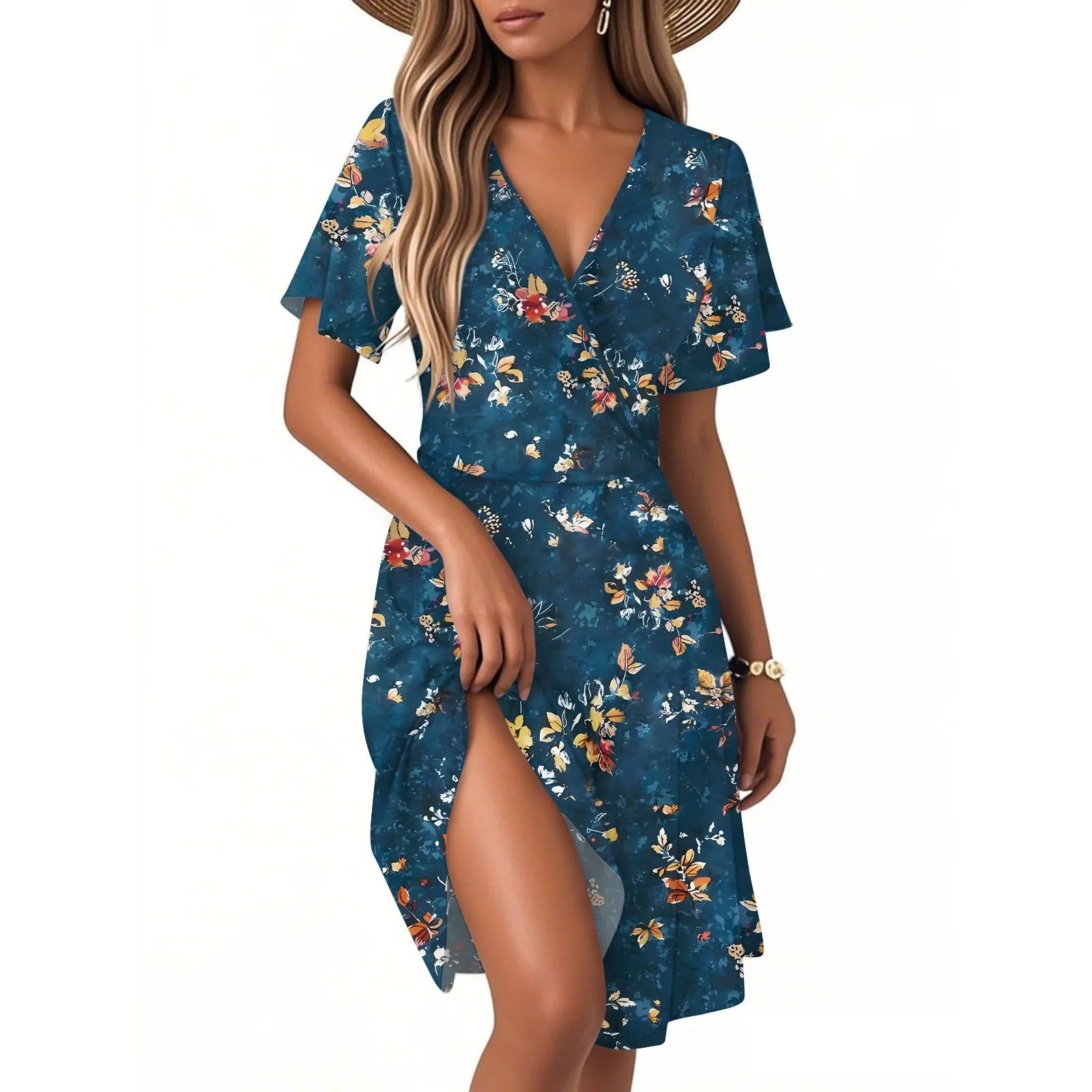 Bella Damen Blumenkleid | Kurzarm, V-Ausschnitt 10
