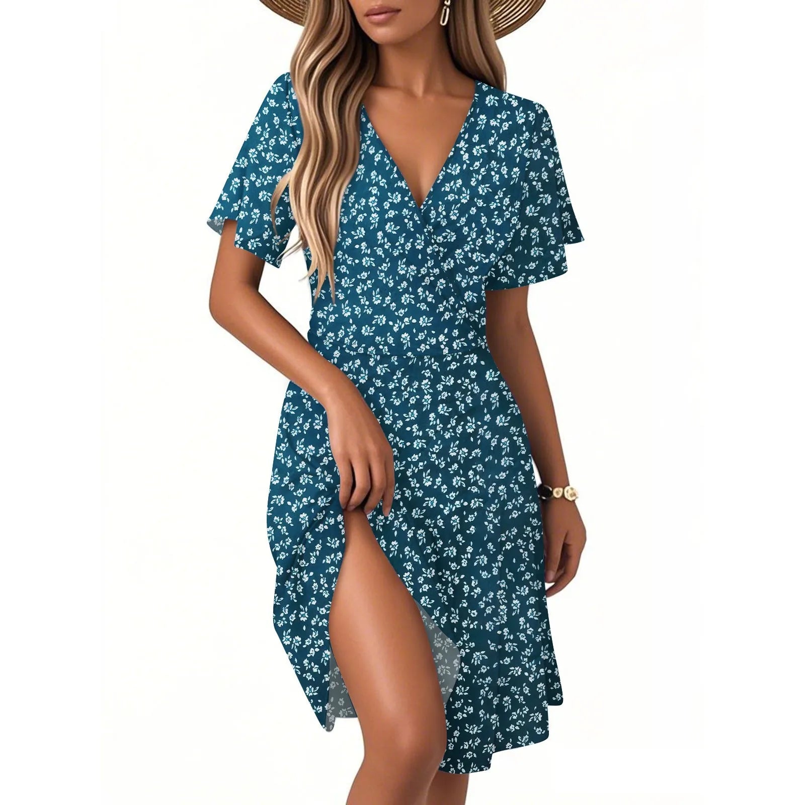 Bella Damen Blumenkleid | Kurzarm, V-Ausschnitt 11