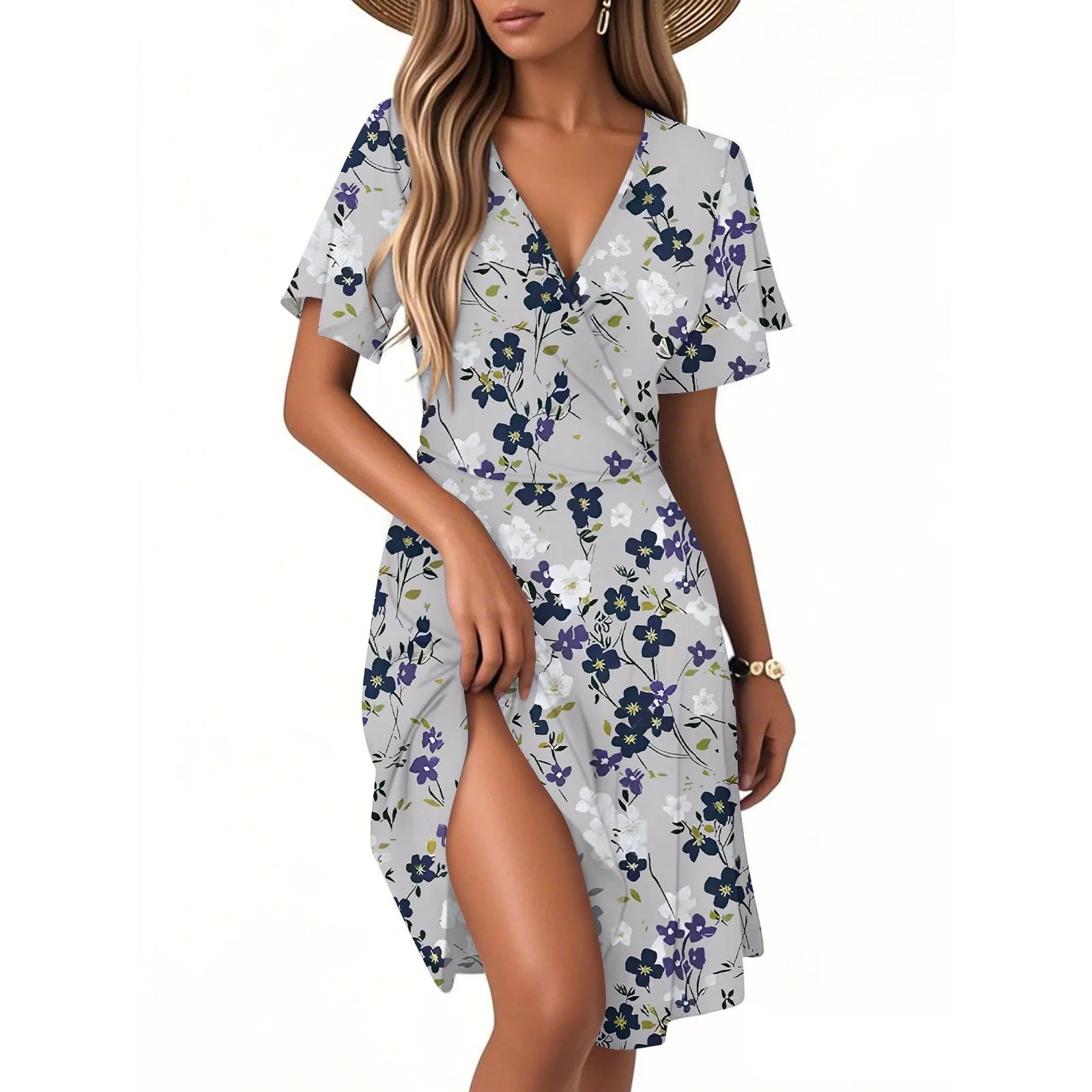 Bella Damen Blumenkleid | Kurzarm, V-Ausschnitt 12