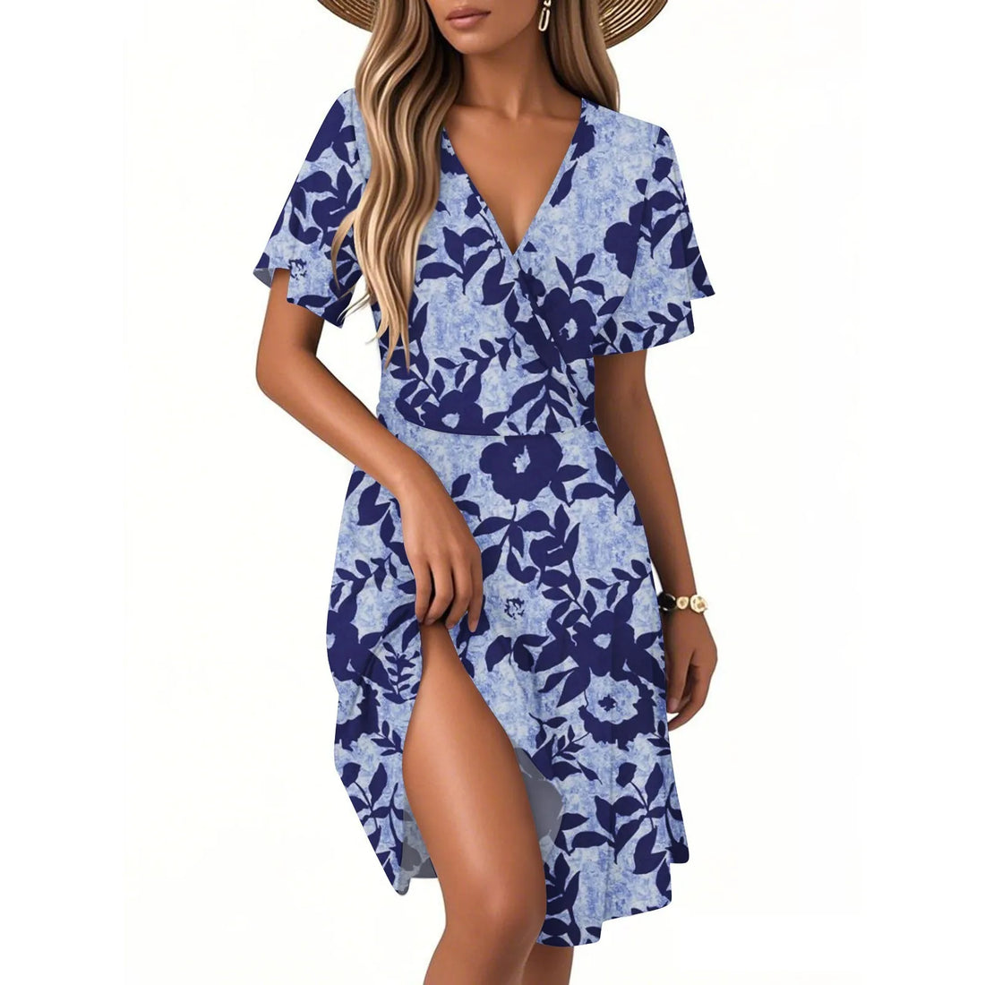 Bella Damen Blumenkleid | Kurzarm, V-Ausschnitt 0