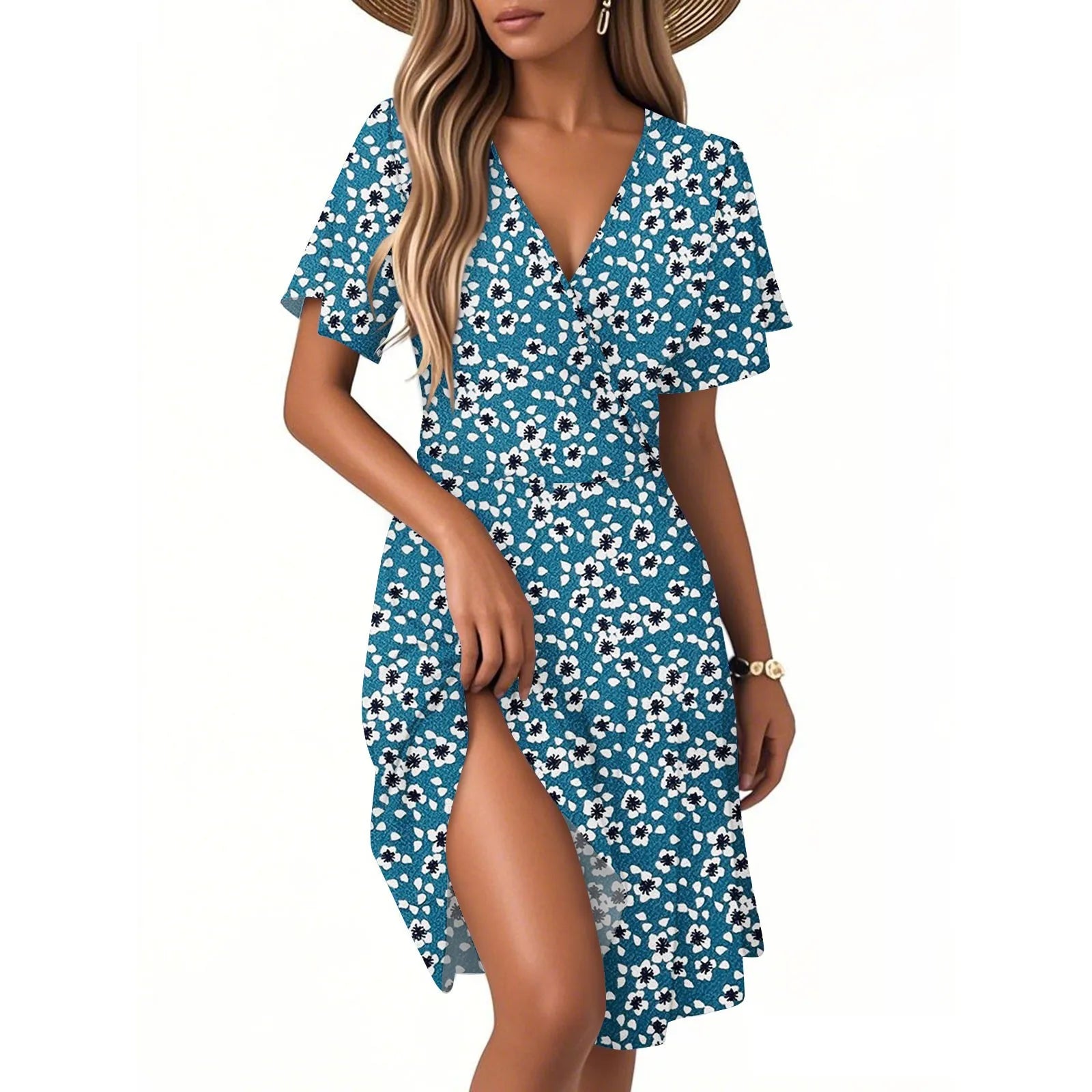 Bella Damen Blumenkleid | Kurzarm, V-Ausschnitt 6