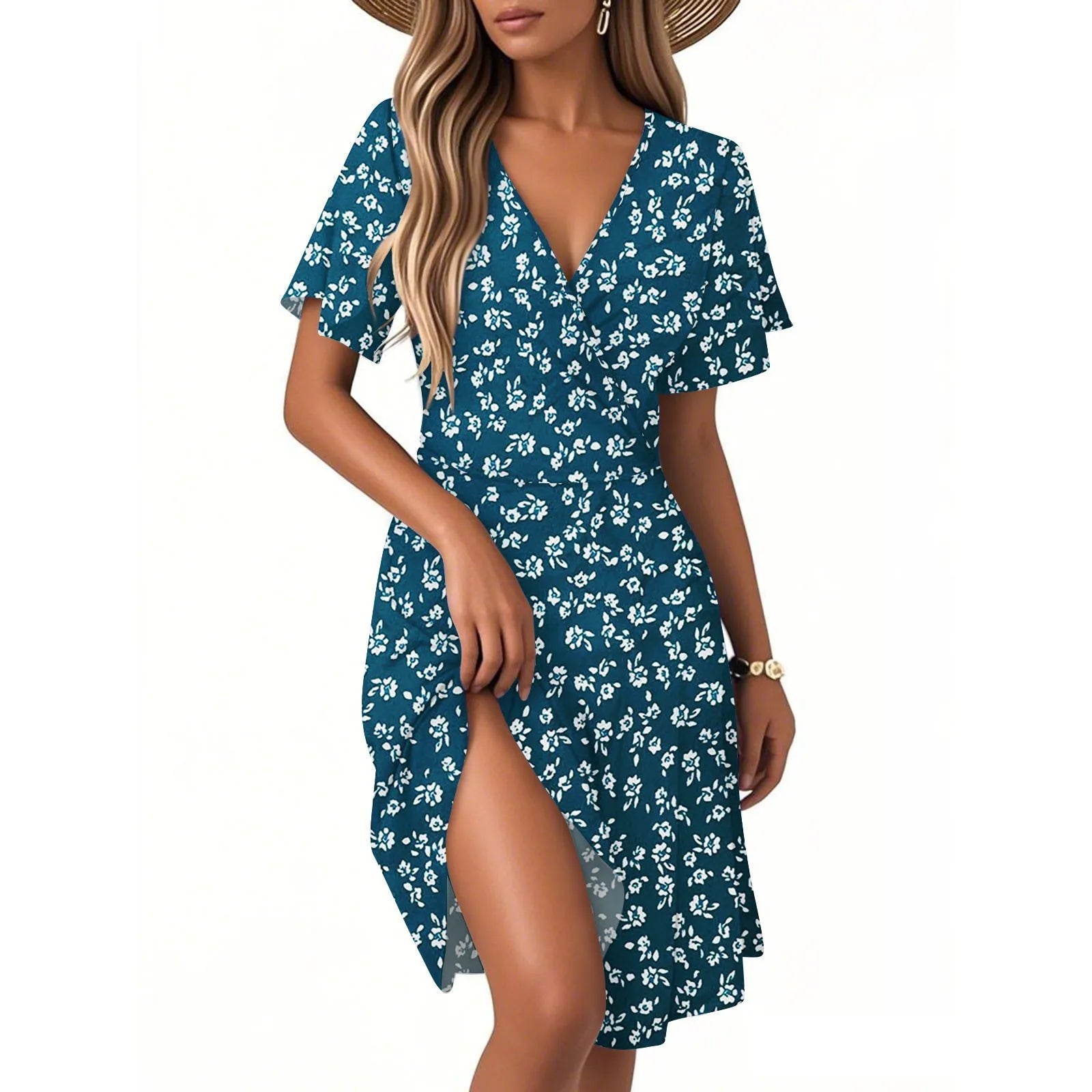 Bella Damen Blumenkleid | Kurzarm, V-Ausschnitt 8