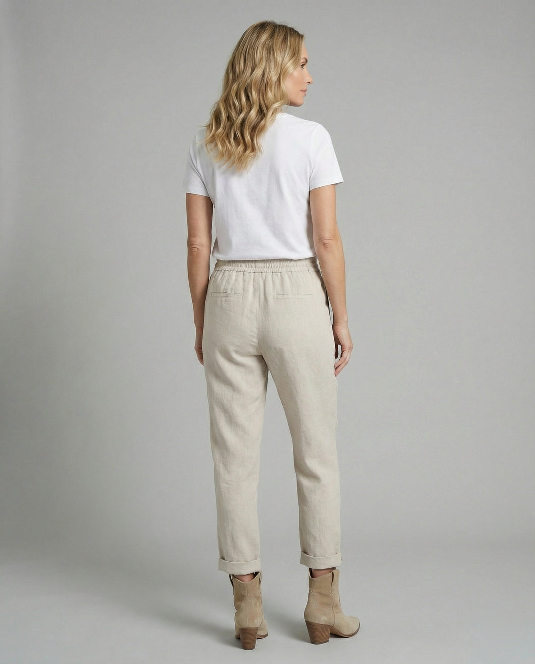 Margrit Beige Linen-Look Tapered Hose für Damen | Lockere Passform mit Kordelzug | Freizeit und Reisen - XS-5XL