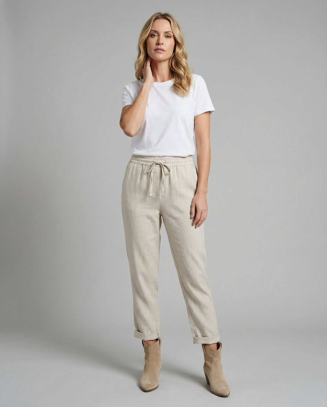 Margrit Beige Linen-Look Tapered Hose für Damen | Lockere Passform mit Kordelzug | Freizeit und Reisen - XS-5XL